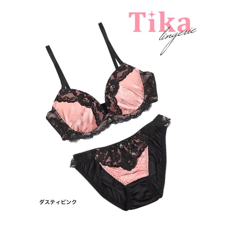 サテン×フラワーブラックレースポイントビジューブラ&ショーツセット | Tika | 詳細画像6