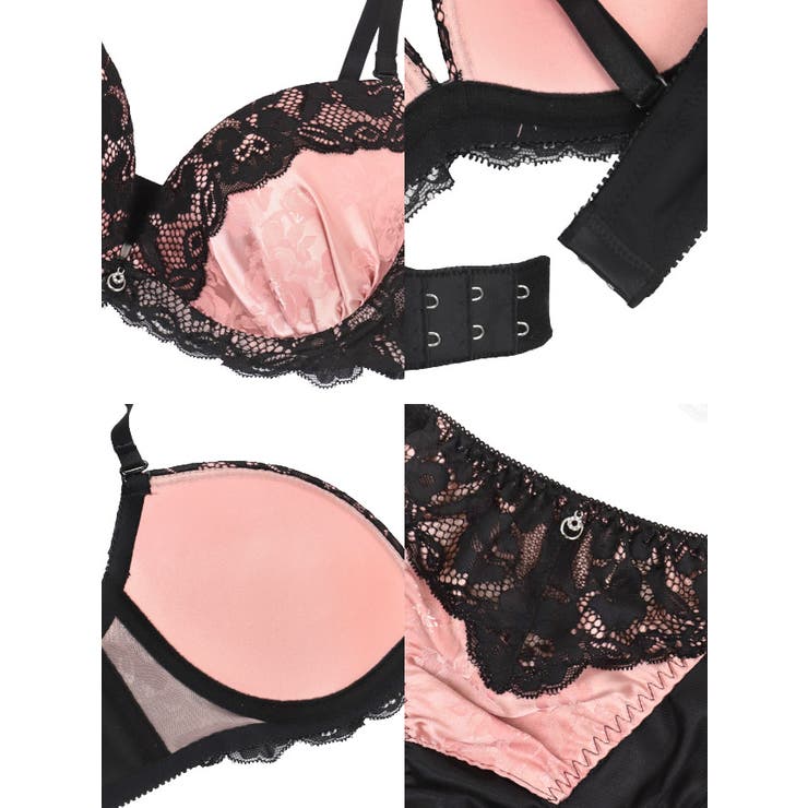 サテン×フラワーブラックレースポイントビジューブラ&ショーツセット | Tika | 詳細画像7