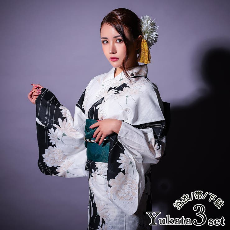モノトーン×牡丹柄浴衣3点セット 平帯 下駄 | Tika | 詳細画像1 