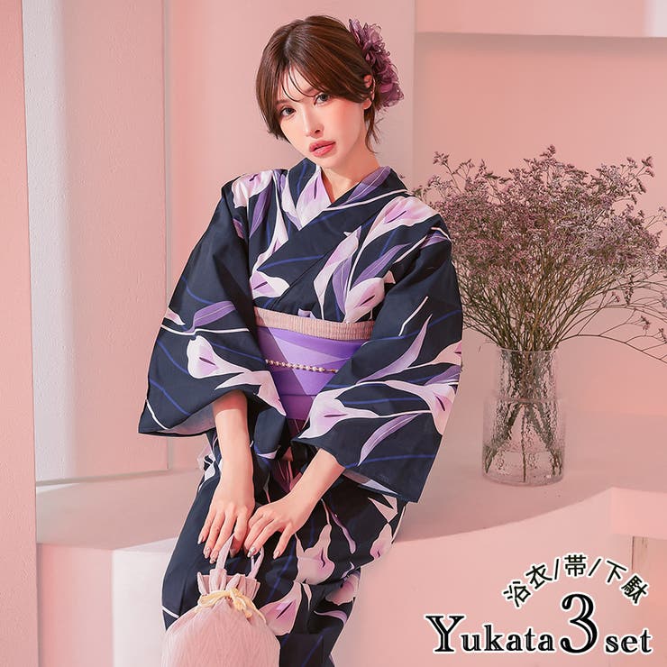 濃紺菖蒲柄浴衣3点セット 妖艶浴衣 粋浴衣[品番：XK000013442