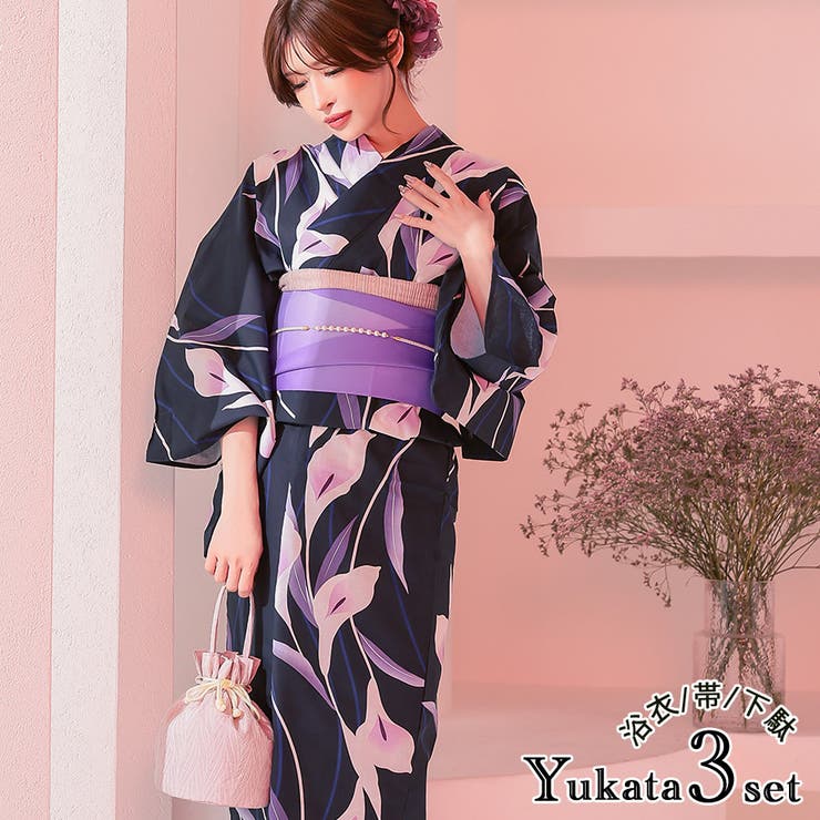 濃紺菖蒲柄浴衣3点セット 妖艶浴衣 粋浴衣[品番：XK000013434