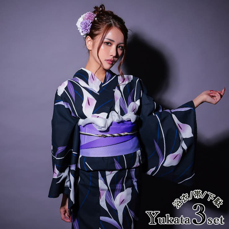 入荷通知 アプリ おすすめ 濃紺菖蒲柄浴衣3点セット レディース浴衣 作り帯[品番 着物・浴衣