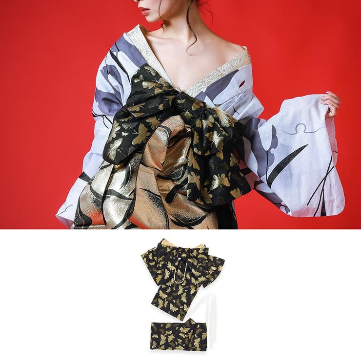 sale新品/黒系に花柄/芸者、花魁風の作り帯/ひとりで簡単に着れ着崩れ  