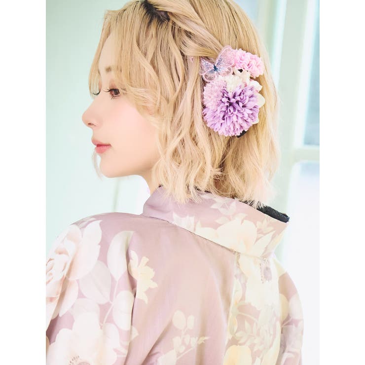 下がりフラワー×バタフライクリップヘアアクセサリー5点セット浴衣小物Uピンヘアクリップ浴衣アクセサリー髪飾りイエローパープルブルーTikaティカ