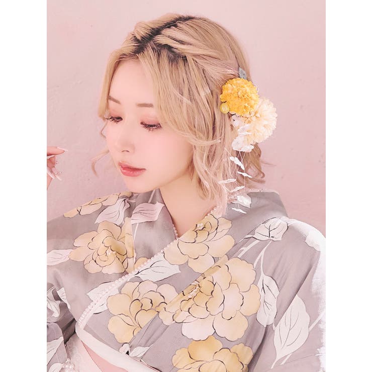 下がりフラワー×バタフライクリップヘアアクセサリー5点セット浴衣小物Uピンヘアクリップ浴衣アクセサリー髪飾りイエローパープルブルーTikaティカ