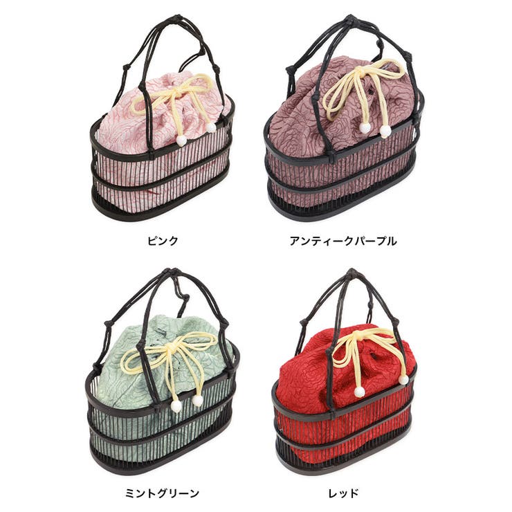 極美品 a-jolie タグ付き かごバッグ ハンドバッグ フラワー 花 巾着 フラワー刺繍巾着×オーバル竹かごバッグ ハンドバッグ 巾着