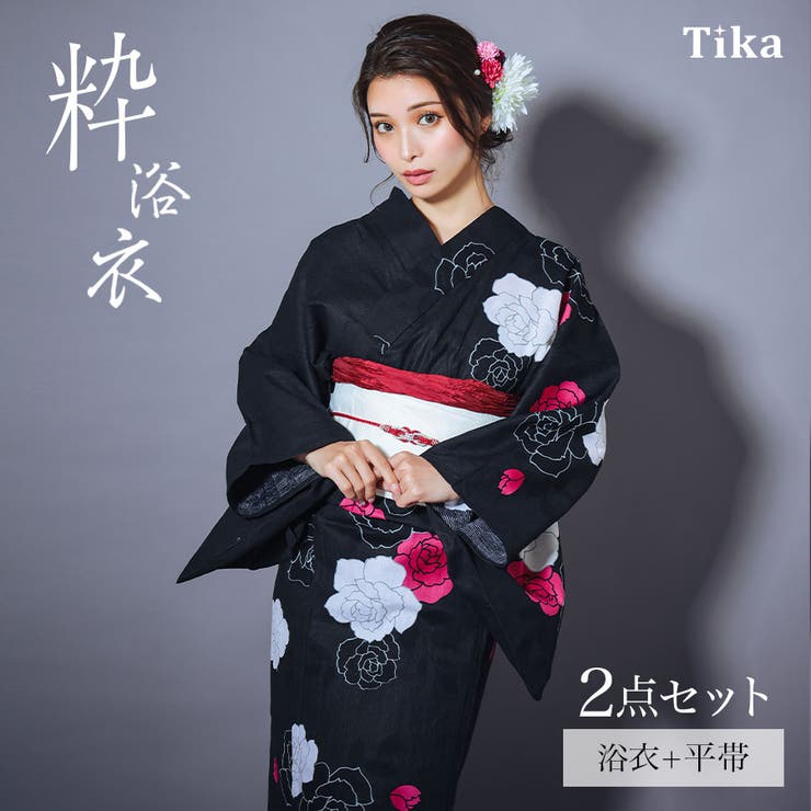 Tika 艶めく黒地に咲き誇るモダン薔薇浴衣2点セット 浴衣 | Tika | 詳細画像1 