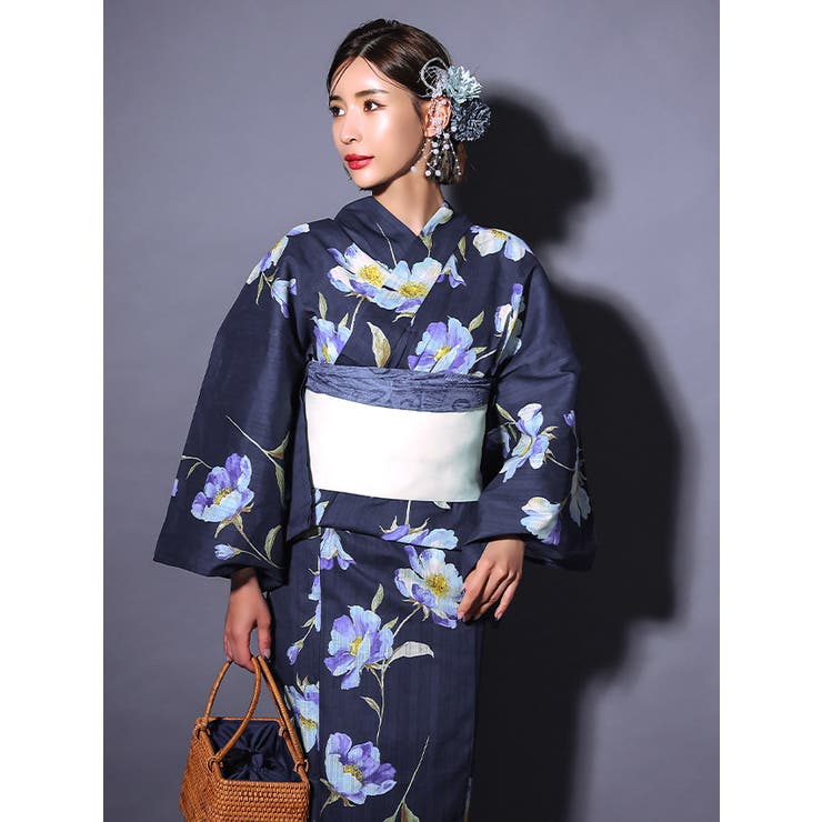 濃紺×油彩牡丹柄ゆかた3点セット 浴衣セット レディース浴衣