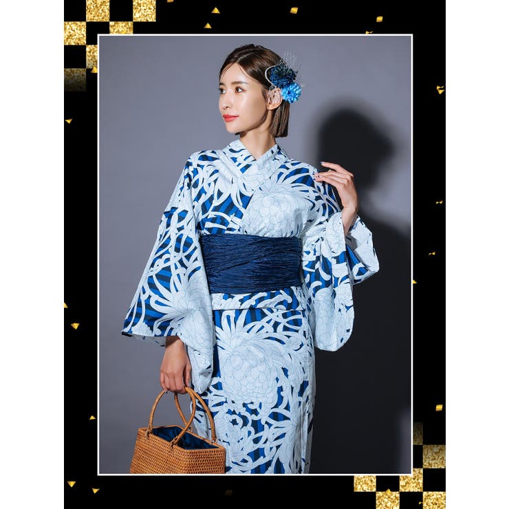 浴衣　レディース　青と白のストライプ 花柄 ストライプ×大輪白乱菊柄浴衣2点セット 浴衣セット レディース