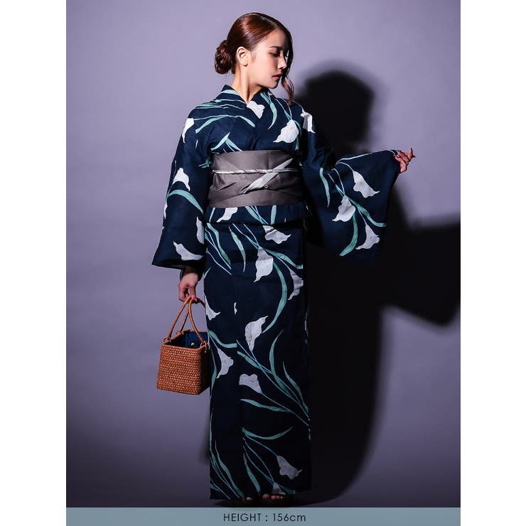 最終値下げティカ　浴衣　ネイビー 菖蒲＆リーフ濃紺地浴衣3点セット 平帯 下駄[品番：XK000013478