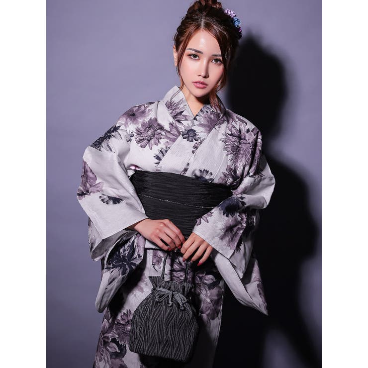 ヴィンテージマルチフラワー×グレー地浴衣3点セット 兵児帯 下駄 | Tika | 詳細画像3 