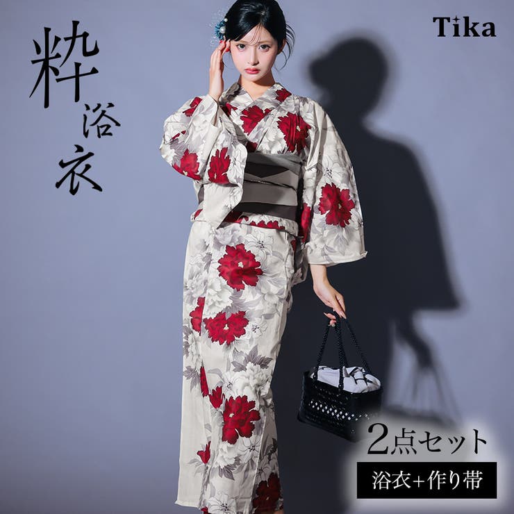 Tika 浴衣 作り帯 2点セット 花柄 Tika 艶やか大輪牡丹ニュアンスカラー作り帯浴衣2点セット 浴衣[品番