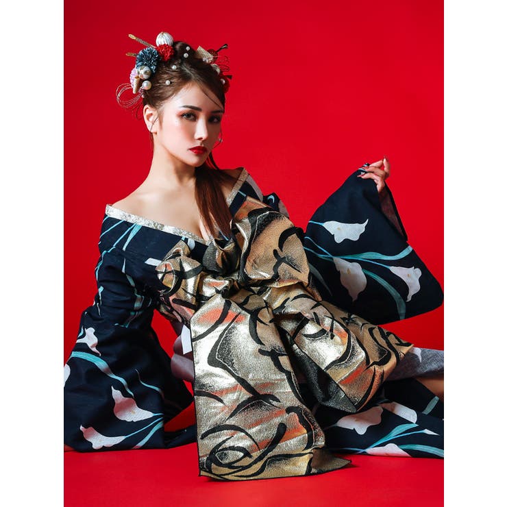 濃紺菖蒲柄花魁浴衣5点セット 浴衣 平帯[品番：SUSL0004722