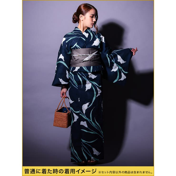 濃紺菖蒲柄花魁浴衣5点セット 浴衣 平帯[品番：SUSL0004722