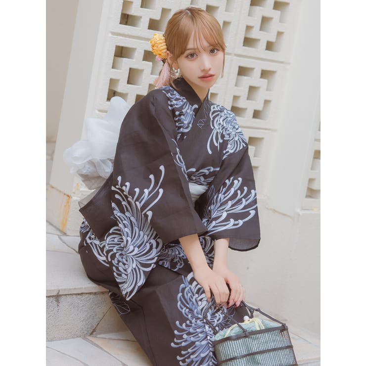 【未使用新品】グレージュくすみカラー乱菊柄 浴衣Mのみ 即日発送】くすみカラー×パープルダリア浴衣【浴衣3点セット
