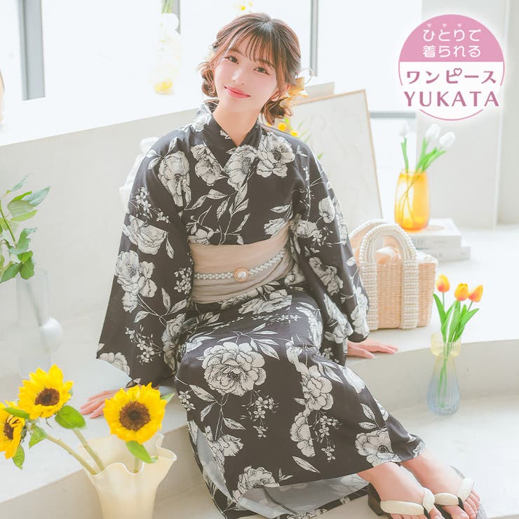 モノトーンヴィンテージフラワーワンピース浴衣3点セット 羽織 ワンピース | Tika | 詳細画像1 