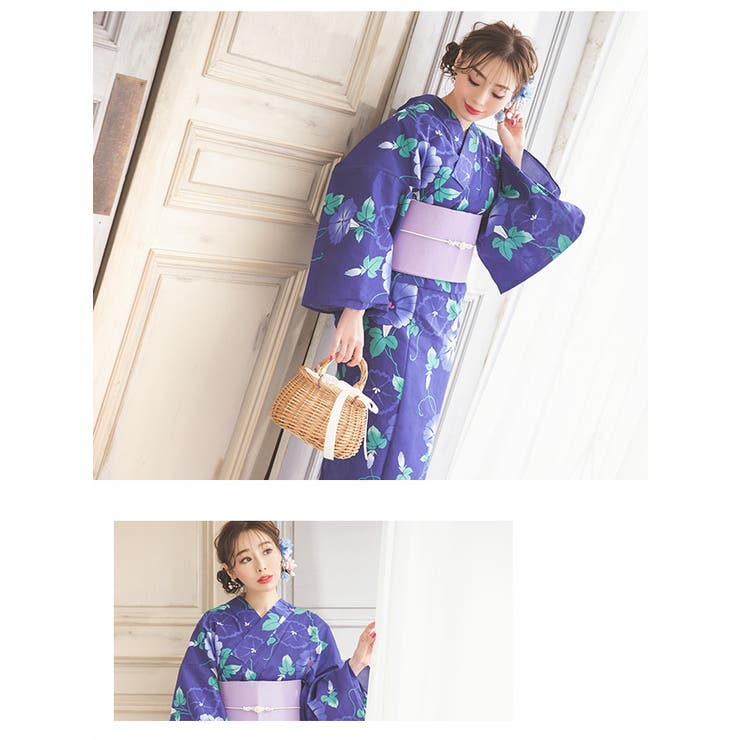 【未使用に近い】昭和レトロ♡縦長効果ストライプ♡グラデーション朝顔♡浴衣♡M ストライプ×朝顔柄浴衣3点セット 平帯 下駄[品番：XK000013470]｜Tika