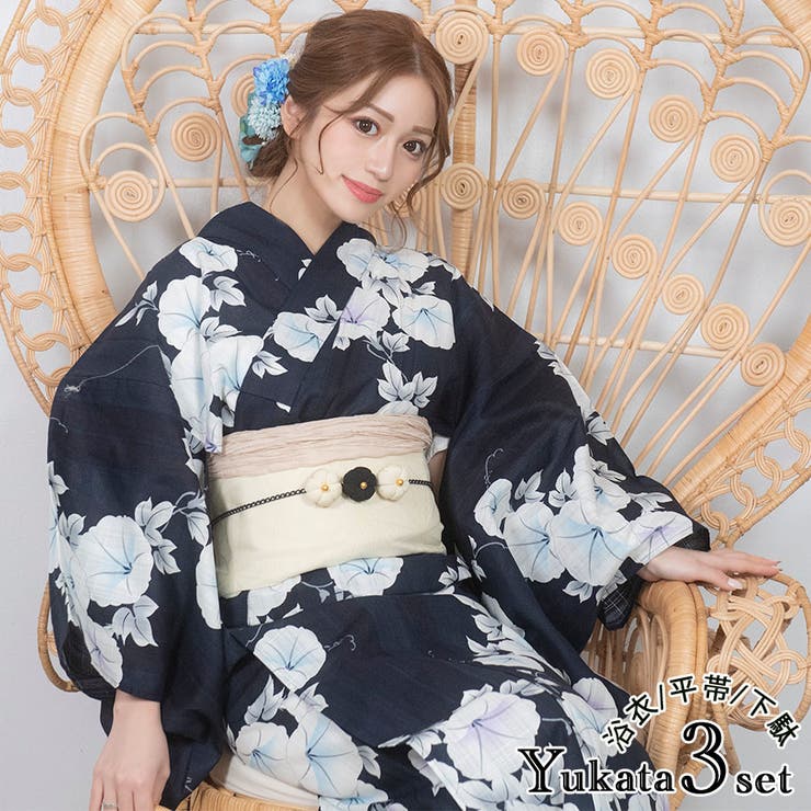 紺地×大輪朝顔浴衣3点セット 平帯 下駄 | Tika | 詳細画像1 