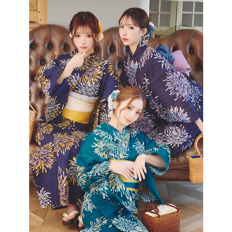 紺地×花火浴衣3点セット 浴衣セット レディース浴衣[品番