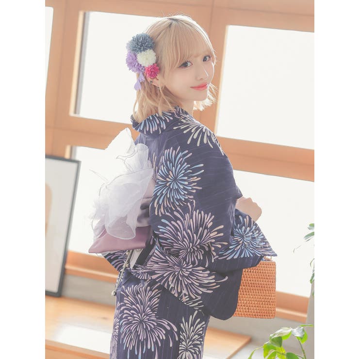 紺地×花火浴衣3点セット レトロ浴衣 レディース浴衣[品番