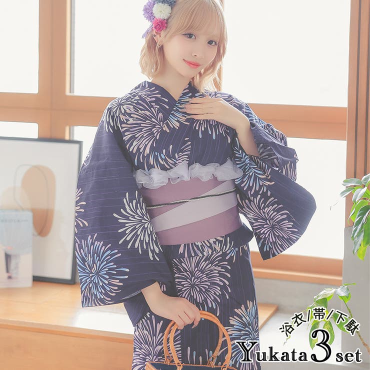 紺地×花火浴衣3点セット レトロ浴衣 レディース浴衣[品番