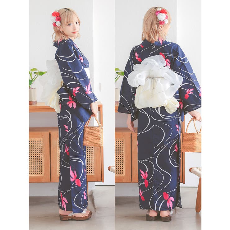 流水×金魚柄浴衣3点セット レトロ浴衣 兵児帯[品番：XK000013419