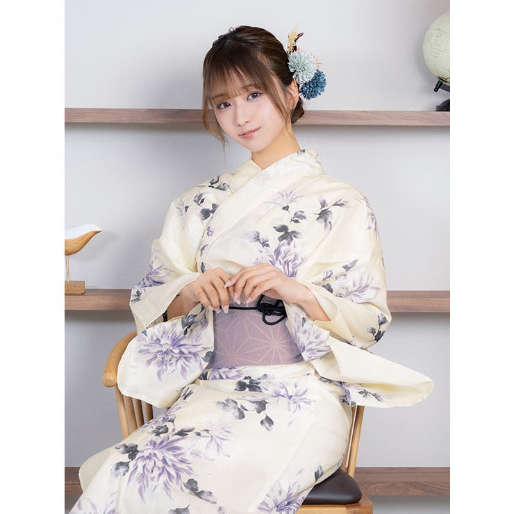 水彩ニュアンスパープル菊柄浴衣3点セット レトロ浴衣 ガーリー