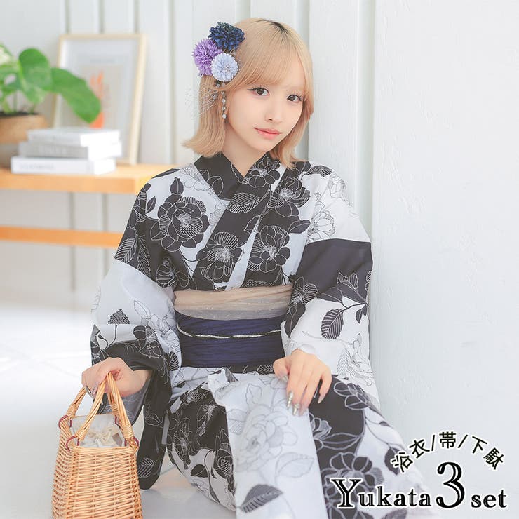 美品】浴衣 夏着物 単衣 普段着物 花柄 レトロ 木綿 青白 裄長