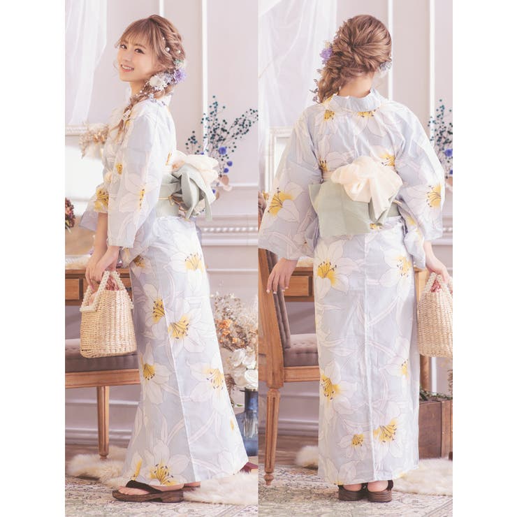 美品 浴衣 百合 涼し気カラー百合プリント浴衣3点セット 浴衣セット レディース
