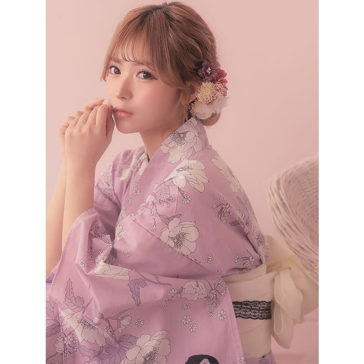 線画フラワー柄浴衣3点セット ガーリー浴衣 sweet浴衣[品番