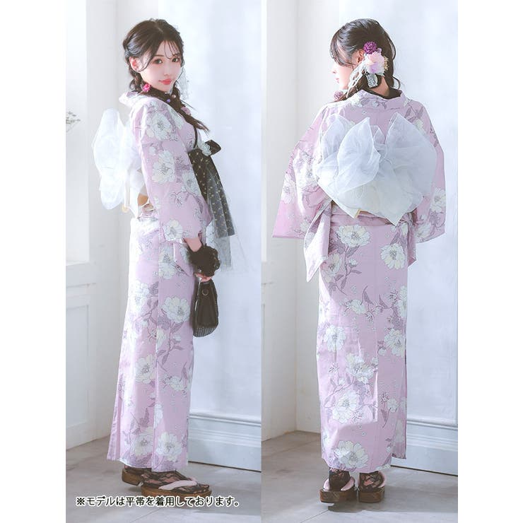 浴衣] ワンピース 線画フラワー ゆかた3点セット (浴衣羽織+