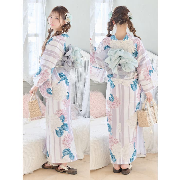 ファッションデザイナー 変わり縞×鮮やか大輪ダリア柄浴衣2点セット 浴衣セット 着物・浴衣