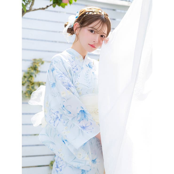 Luxjewel 浴衣 【新品未使用】 ライトブルーニュアンスリリー浴衣3点セット 浴衣セット レディース