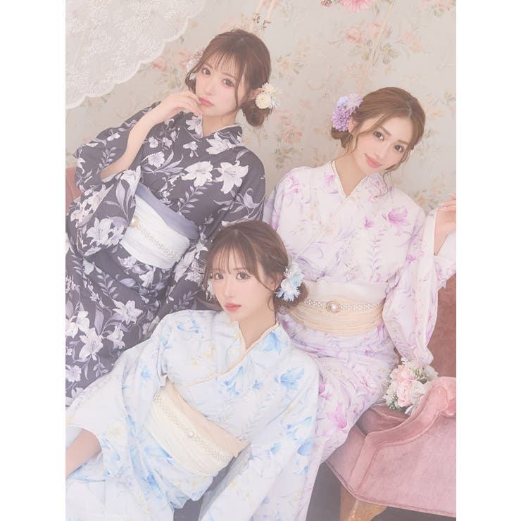 青地×ニュアンスフラワー浴衣3点セット 浴衣セット レディース
