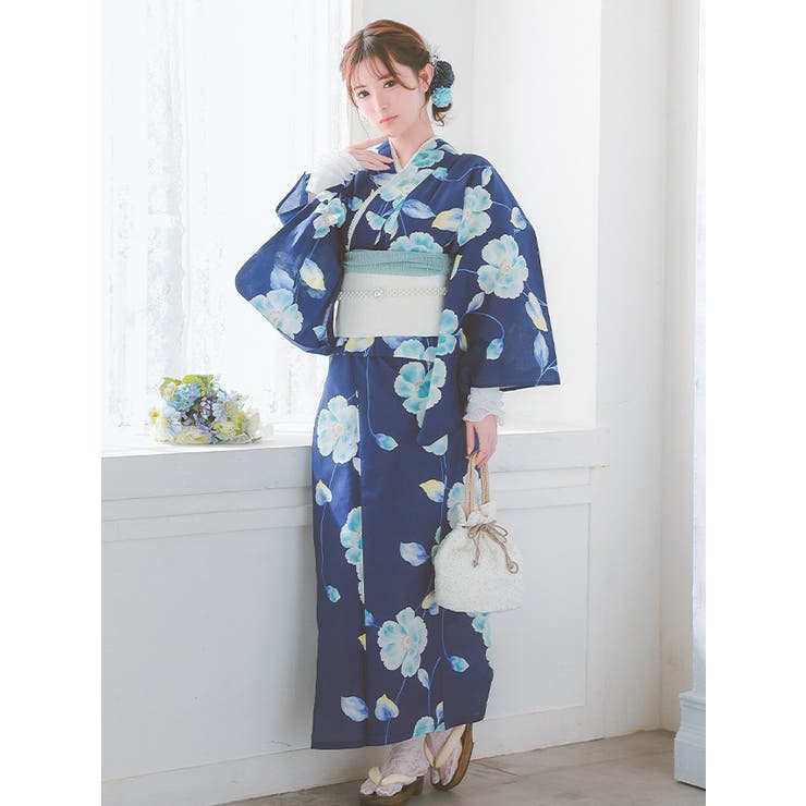 青い花柄の浴衣帯★新品タグ付き 青い花柄 浴衣 ネイビー帯 GRL