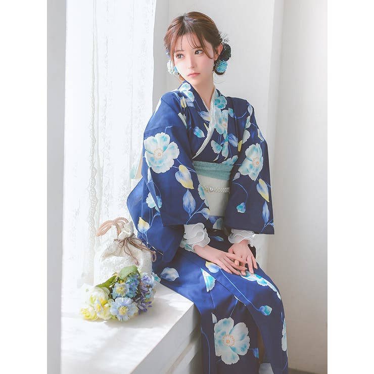 浴衣✴︎芭蕉に縦縞 即日発送】紺碧乱菊柄浴衣 【浴衣3点セット 浴衣/帯/下駄