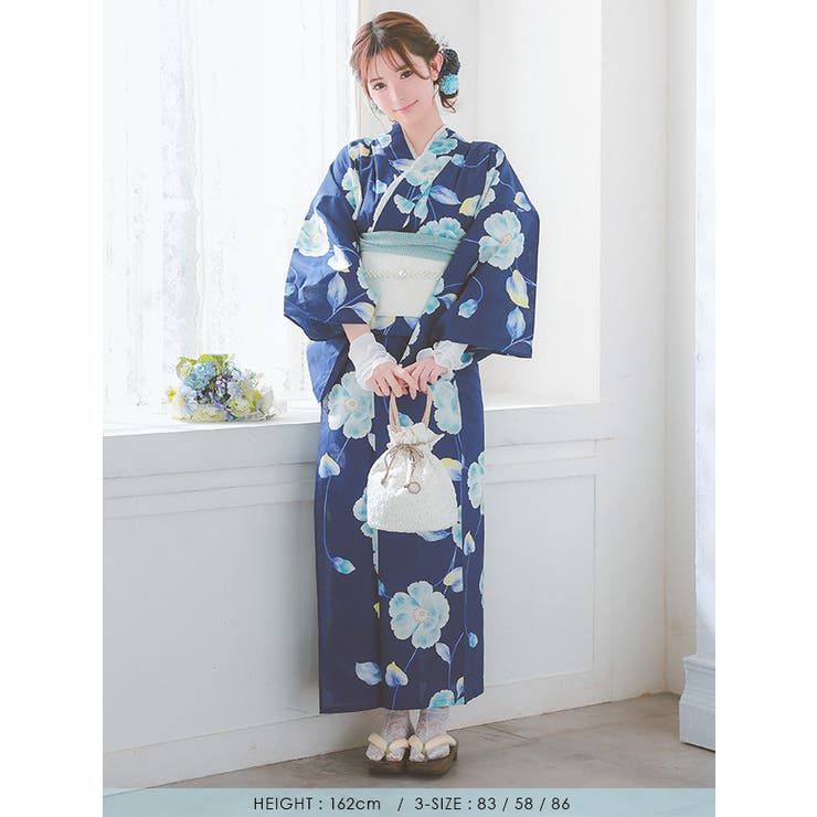 水彩浴衣♡セパレートタイプ♡ 青地×水彩シャクナゲ柄セパレート浴衣3点セット ガーリー浴衣