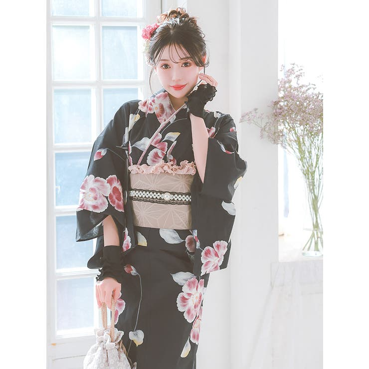 水彩タッチシャクナゲ柄セパレート浴衣3点セット ガーリー浴衣