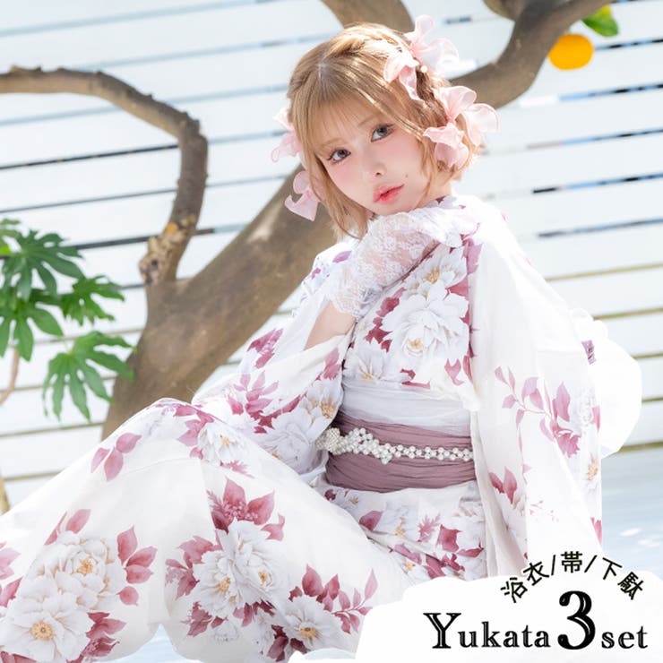 大輪牡丹柄浴衣3点セット ガーリー浴衣 sweet浴衣 | Tika | 詳細画像1 