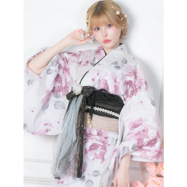 Tika ホワイト×ピンクフェミニン大輪牡丹浴衣2点セット 浴衣[品番