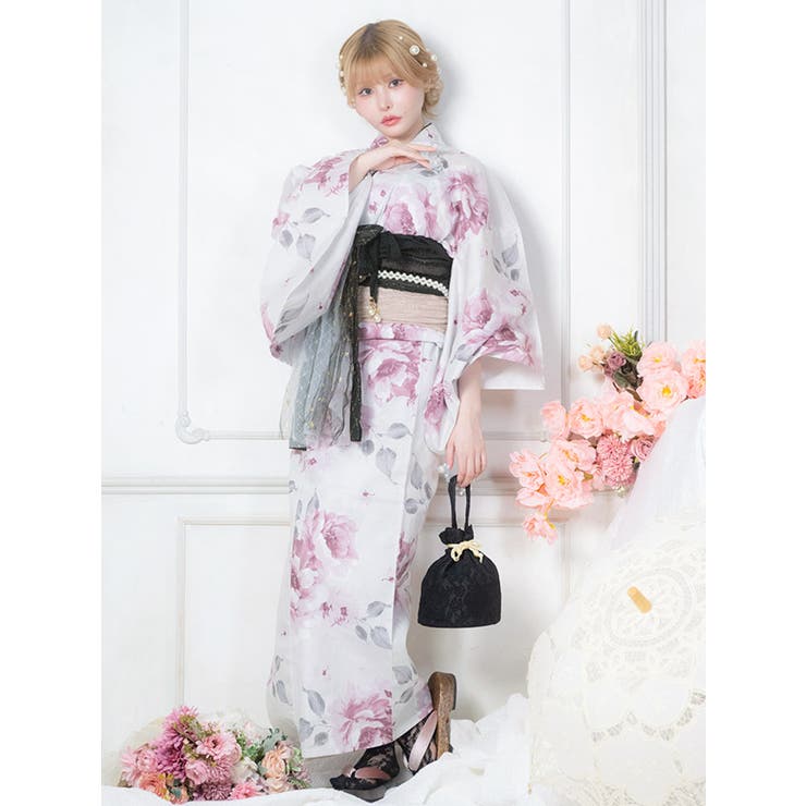 Tika ホワイト×ピンクフェミニン大輪牡丹浴衣2点セット 浴衣[品番