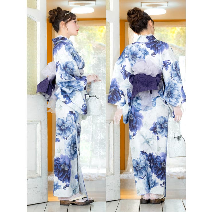 Tika白地×青ラナンキュラスモダン浴衣2点セット 浴衣 平帯[品番