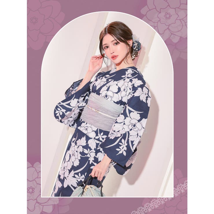浴衣単品「縞花に牡丹」(FREE サックス): ふりふ｜ミマツ