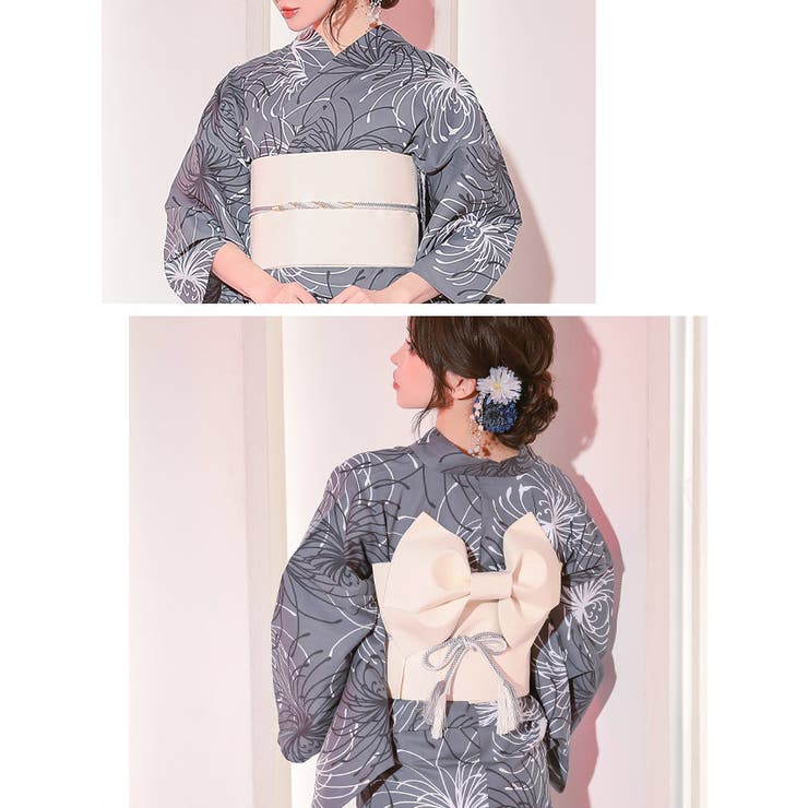 モノトーン糸菊×グレー地浴衣2点セット 浴衣セット レディース