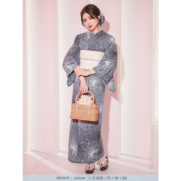 【⏱タイムSALE】Tika 浴衣 糸菊柄 グレー レディース モノトーン糸菊×グレー地浴衣2点セット 浴衣セット レディース