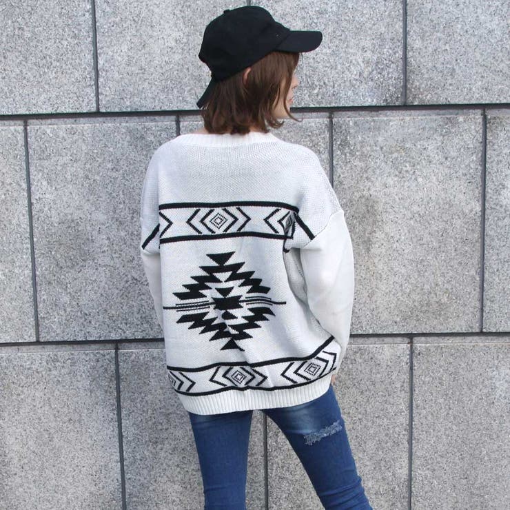 FRAMeWORK 幾何学模様ジップアップニット　ウール100% 美品 オルテガ オルテガ柄ニットプルオーバー オルテガ 柄ニット[品番：NHGW0000337