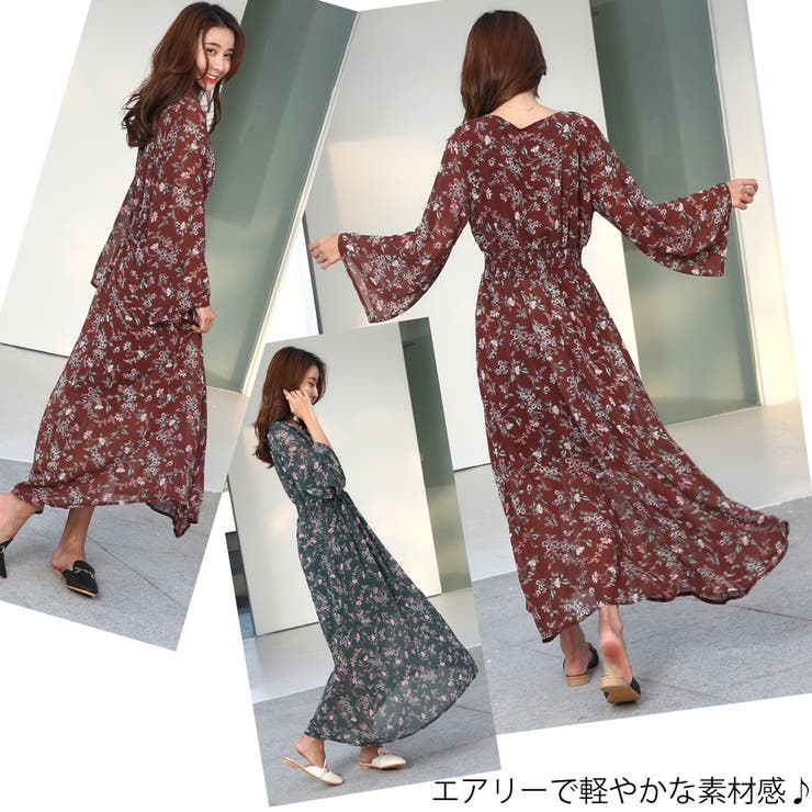 シフォン花柄ロングワンピース マキシワンピース おしゃれ[品番