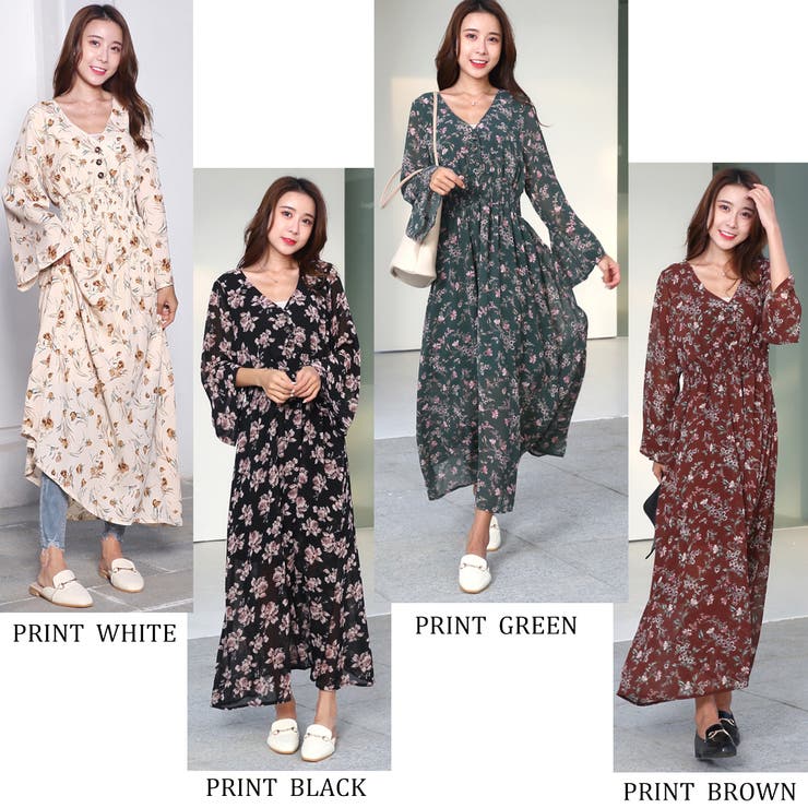 シフォン花柄ロングワンピース マキシワンピース おしゃれ[品番