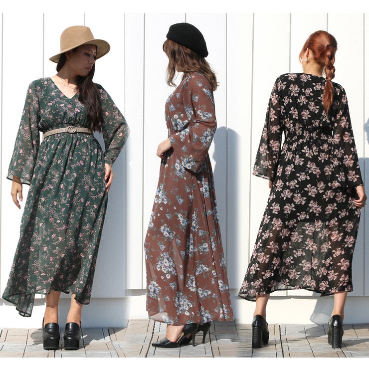 花柄ボタンロングワンピース レディース ファッション[品番