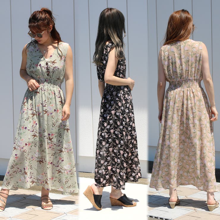 花柄ノースリーブロングワンピース レディース ファッション